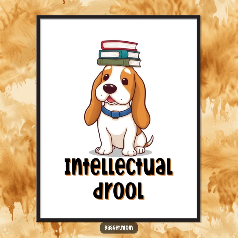 Funny Basset Hound digital art print, showing a dog balancing a stack of books on its head, a humorous piece for any wall.