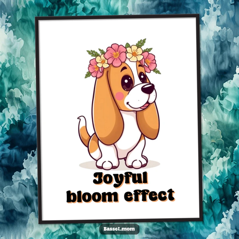 Funny Basset Hound digital art print of a dog with a floral crown, wagging its tail, perfect for instant cheerful decoration.