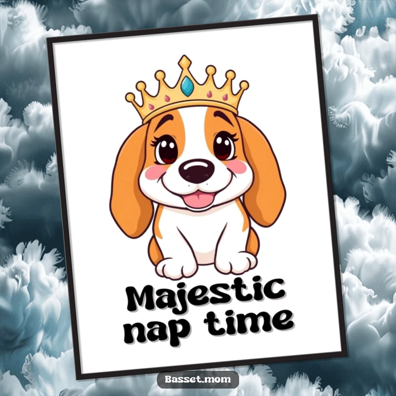 Funny Basset Hound wearing a crown poses regally with a smile, as a downloadable digital art print, bringing royal humor anywhere.