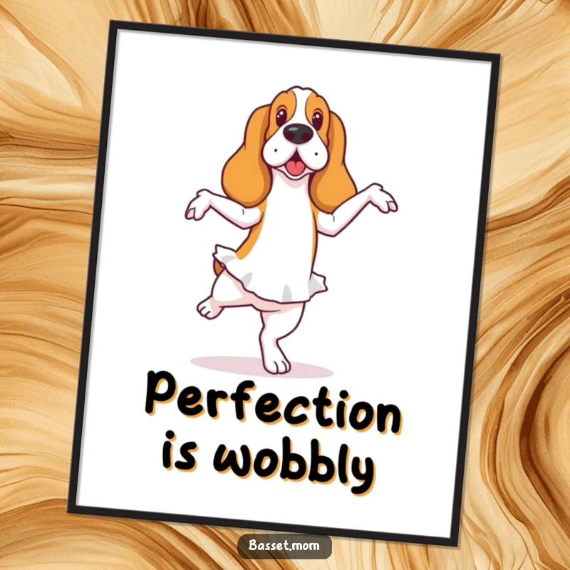Funny Basset Hound digital art print of a dog in a ballet pose with a wobble, offering instant humorous artistic decor.