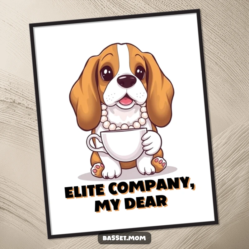 Funny Basset Hound digital art print, pearl necklace, holding teacup, elegant dog portrait for instant download.