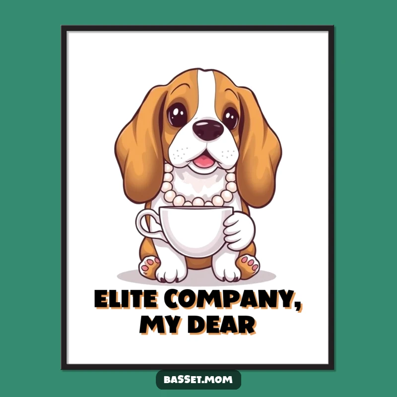 Printable Funny Basset Hound Pearl Necklace Art: Elegant Dog Portrait