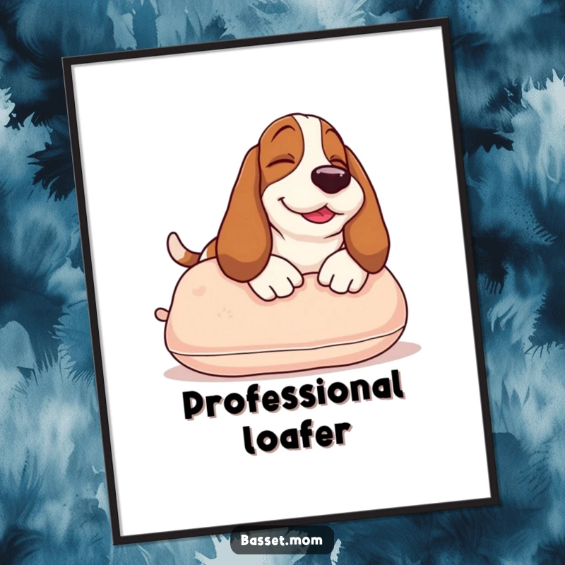 Funny Basset Hound digital art print of a contented dog sunbathing on a pillow, offering instant humorous decoration.