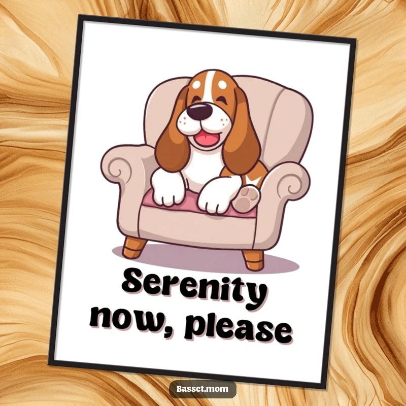 Funny Basset Hound digital art print, happy sigh while lounging on a cushioned chair, a downloadable piece of pure canine relaxation.