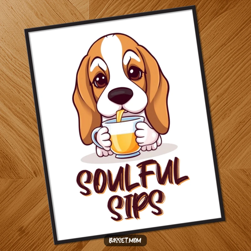 Funny Basset Hound digital art print of a droopy-eared dog gracefully sipping tea, embodying calm elegance and subtle humor.