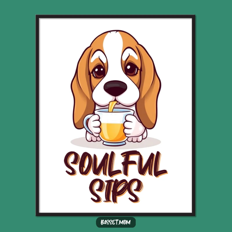 Funny Basset Hound Tea Sip Digital Art - Elegant Downloadable Dog Gift