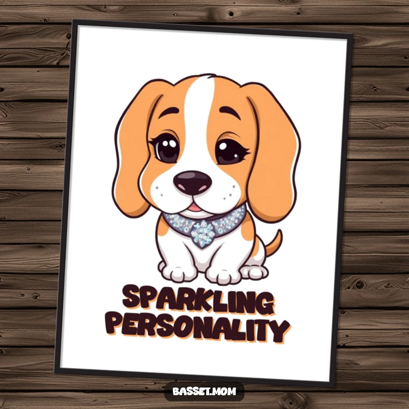 Funny Basset Hound with a sparkly collar winking charmingly, as a downloadable digital art print, bringing playful charm and humor anywhere.