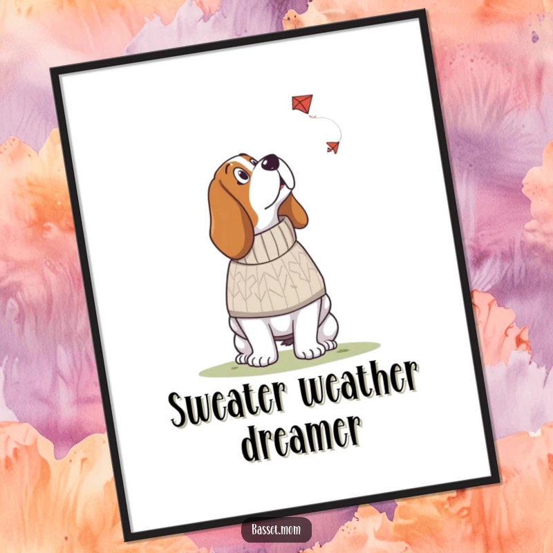 Funny Basset Hound digital art print of a dog in a knitted sweater looking up at a kite, offering instant cozy and humorous decor.