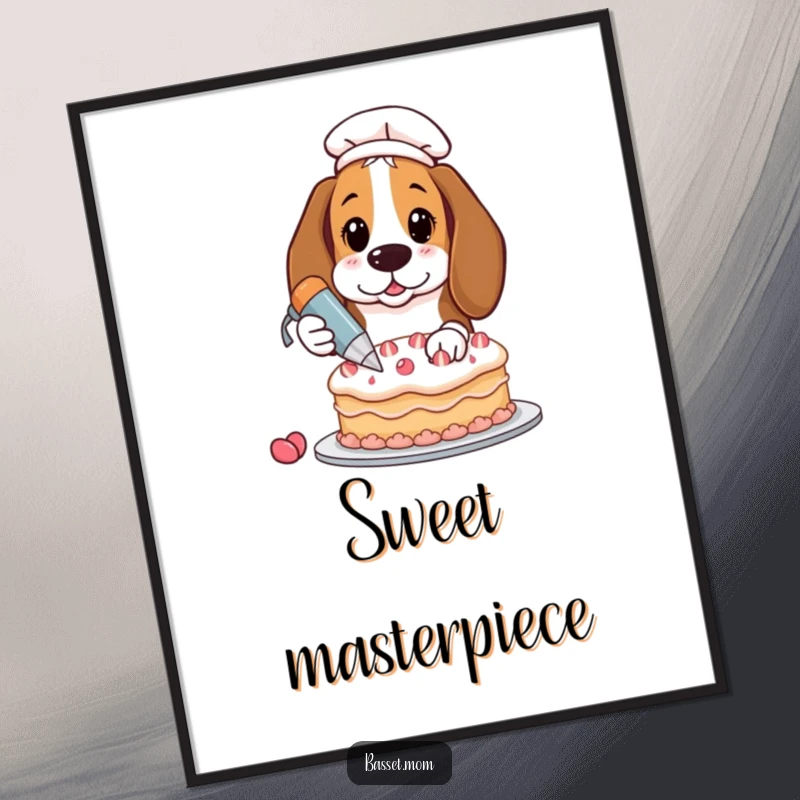 Funny Basset Hound with pastry bag decorating cake, printable digital art, humorous dog artwork.
