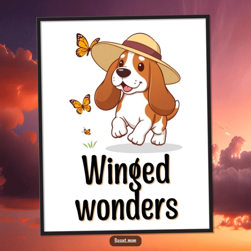 Funny Basset Hound digital art print of a dog in a sun hat playfully chasing a butterfly, embodying whimsical summer fun.
