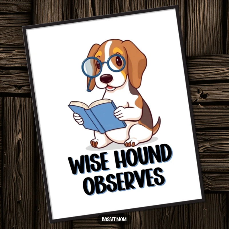Funny Basset Hound digital art print of a dog wearing a monocle and reading a small book, conveying scholarly and humorous charm.