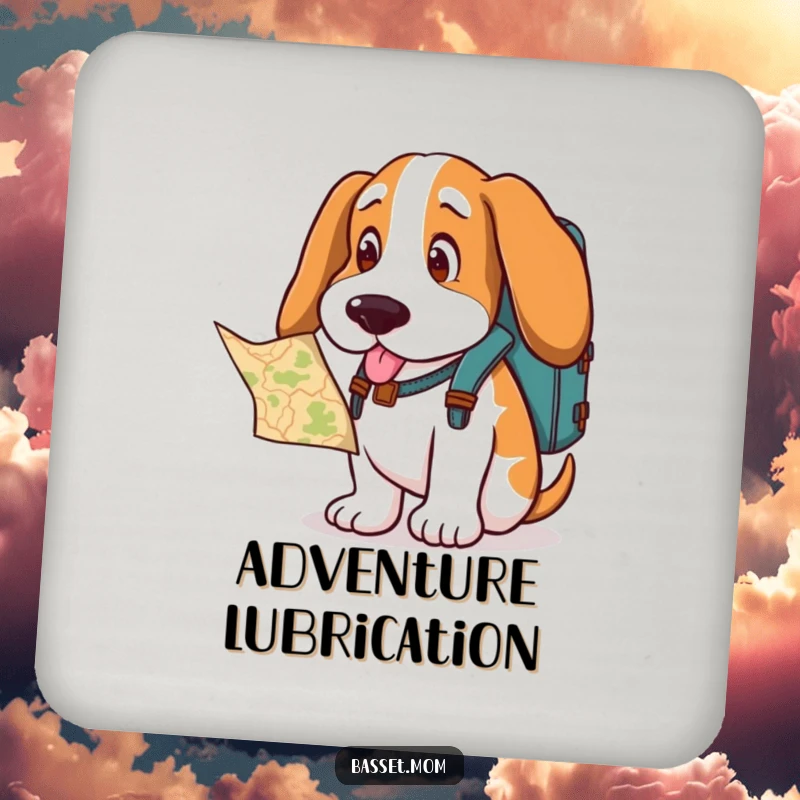Funny Basset Hound coaster, a dog with a backpack looking at a map, protecting surfaces with adventurous flair.