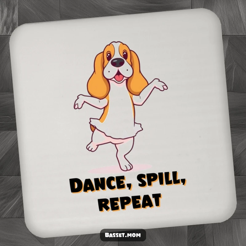 Funny Basset Hound coaster featuring a dog in a ballet pose with a wobble, adding artistic humor and surface protection.
