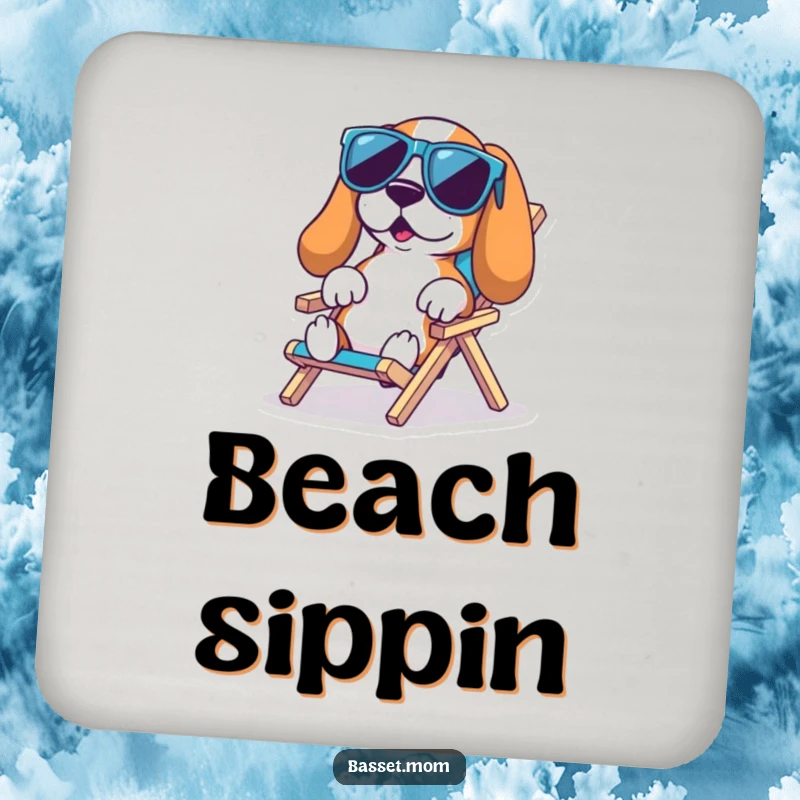 Funny Basset Hound Beach Coasters: A Basset hound in cool sunglasses lounges on a tiny chair, bringing beachy vibes, a funny gift.