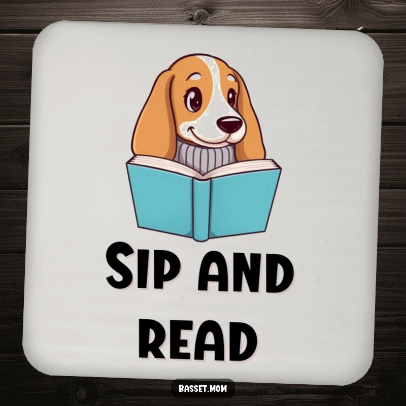 Funny Basset Hound coaster, a dog in a knitted sweater peeking over a book, protecting surfaces with literary flair.