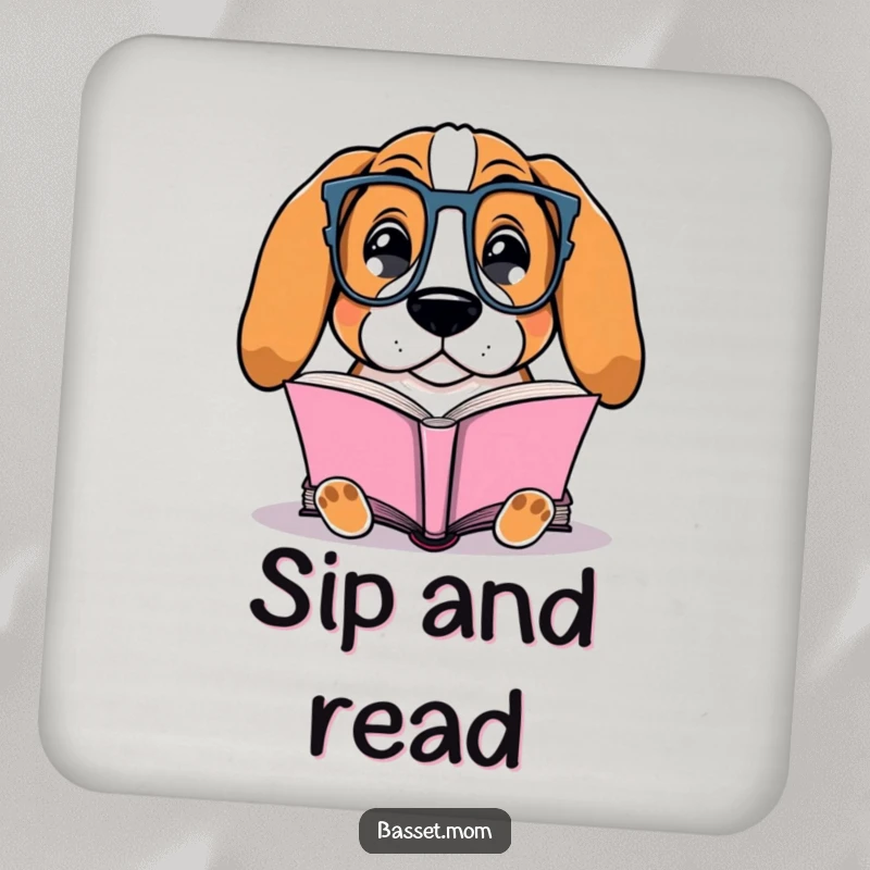 Funny Basset Hound drink coaster showing a dog with glasses contentedly reading a book, adding humor and protection to surfaces.