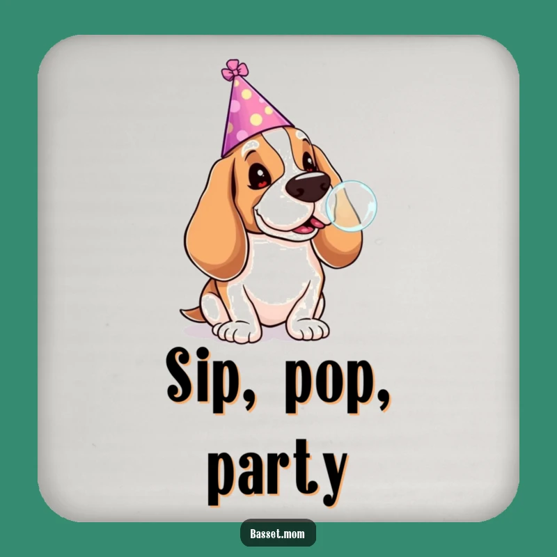 Funny Basset Hound Coaster: Party Pup Protection with Lollipop Bubbles