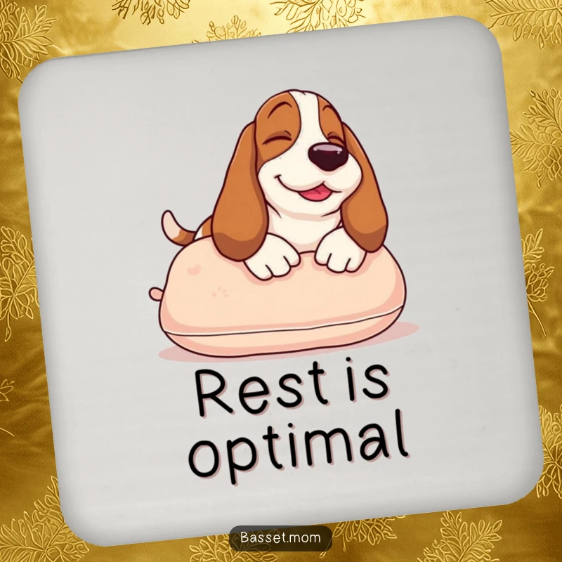 Funny Basset Hound coaster featuring a smiling dog sunbathing on a pillow, protecting surfaces with a touch of canine humor.