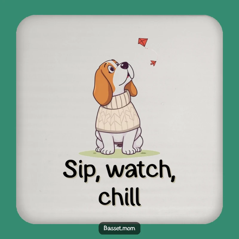 Funny Basset Hound Coaster: Sweater Weather Protection with Kite Charm