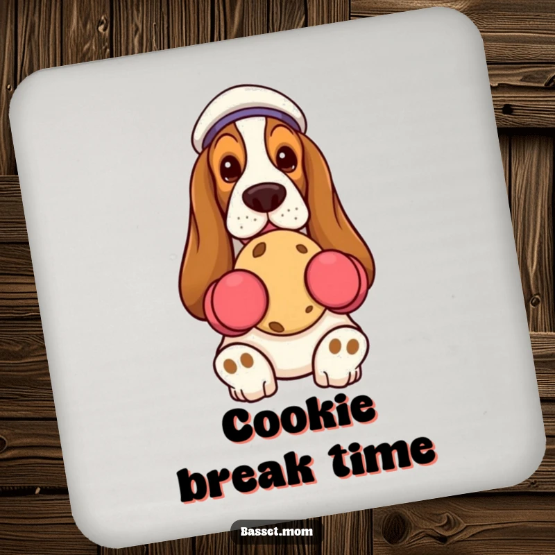 Funny Basset Hound holding cookie, oven mitts art, protective drink coaster, humorous home accessory.
