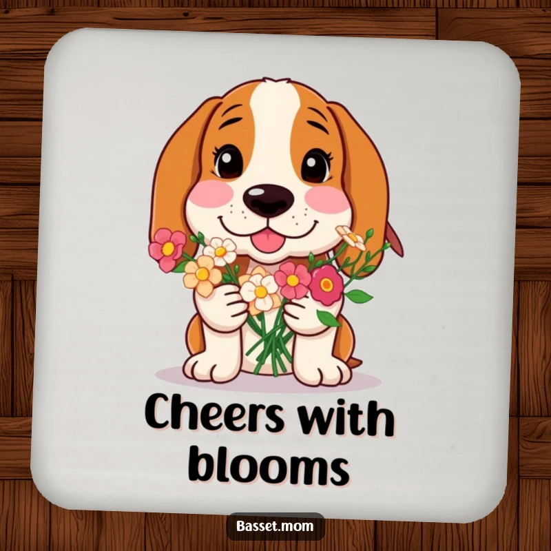 Funny Basset Hound coaster, a dog offering flowers, protects surfaces with sweet humor, a great gift.