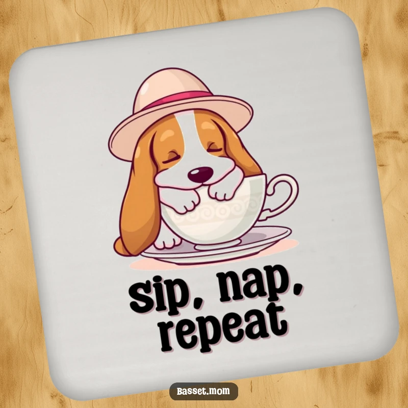 Funny Basset Hound coaster featuring a hound in a hat napping by a teacup, protecting surfaces with canine-inspired humor.