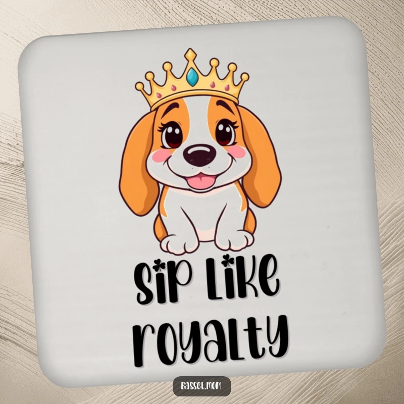 Funny Basset Hound wearing a crown poses regally with a smile, designed as a drink coaster, offering humorous protection with a regal theme.