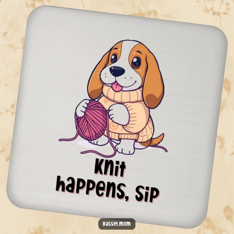 Funny Basset Hound knitting, yarn creation art, protective drink coaster, humorous home accessory.