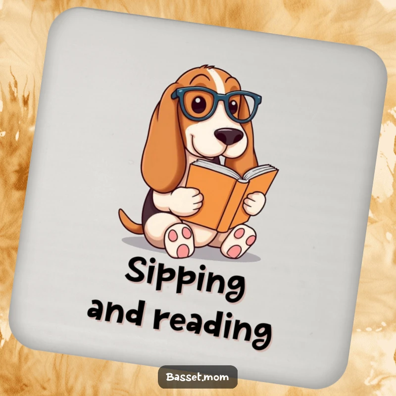 Funny Basset Hound coaster, a dog reading a book with glasses, protects surfaces with literary humor, a great gift.
