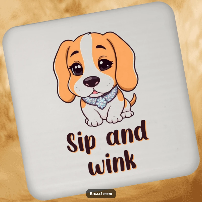 Funny Basset Hound with a sparkly collar winking charmingly, designed as a drink coaster, offering humorous protection with a touch of sparkle.