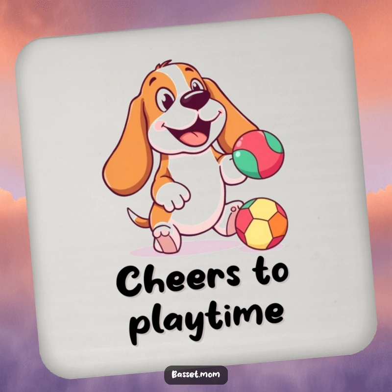 Funny Basset Hound coaster, cheerful expression, bouncing a colorful ball, protecting surfaces with playful doggy charm.