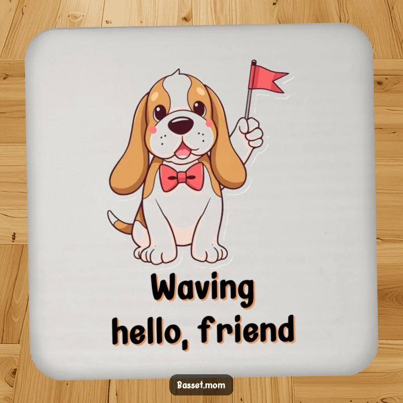 Funny plush Basset Hound wearing a bow tie and holding a tiny flag, adding a touch of sophisticated humor to protect your drinks.