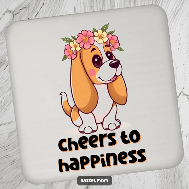 Funny Basset Hound coaster featuring a dog in a floral crown, wagging its tail, protecting surfaces with cheerful charm.