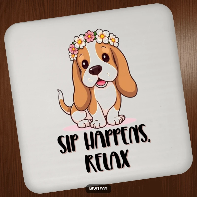 Funny Basset Hound coaster, droopy ears wearing a flower crown, tail wagging with joy, protecting surfaces with canine charm.