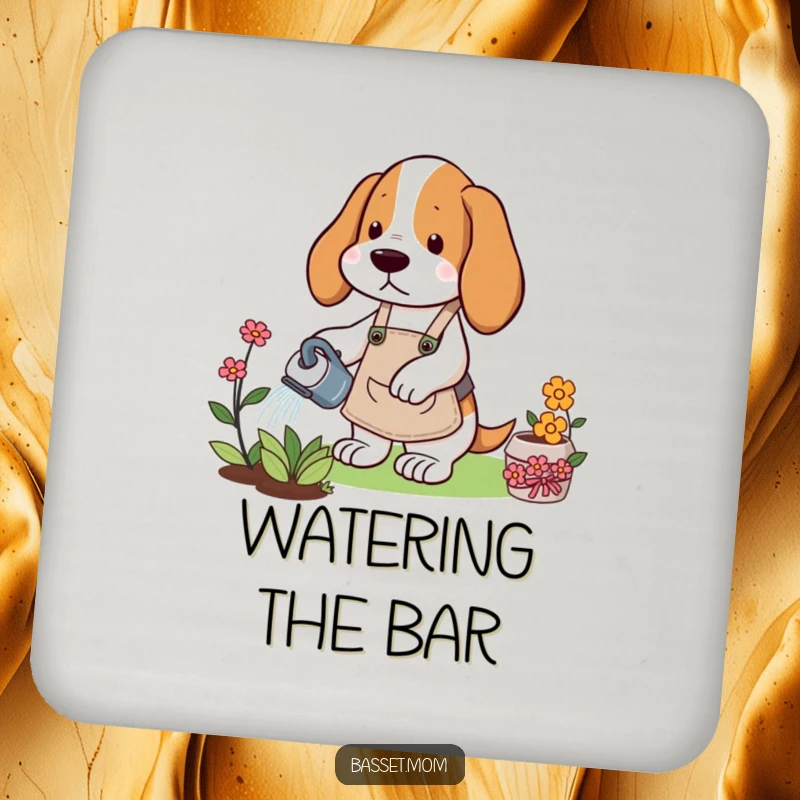 Funny Basset Hound coaster featuring a dog in a gardening apron watering a flower, protecting surfaces with garden-inspired humor.