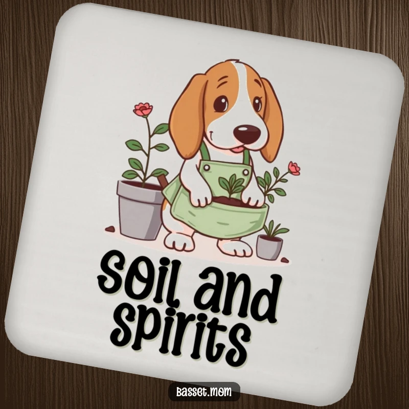 Funny Basset Hound coaster, wearing a tiny gardening apron, digging in a planter, protecting surfaces with horticultural humor.