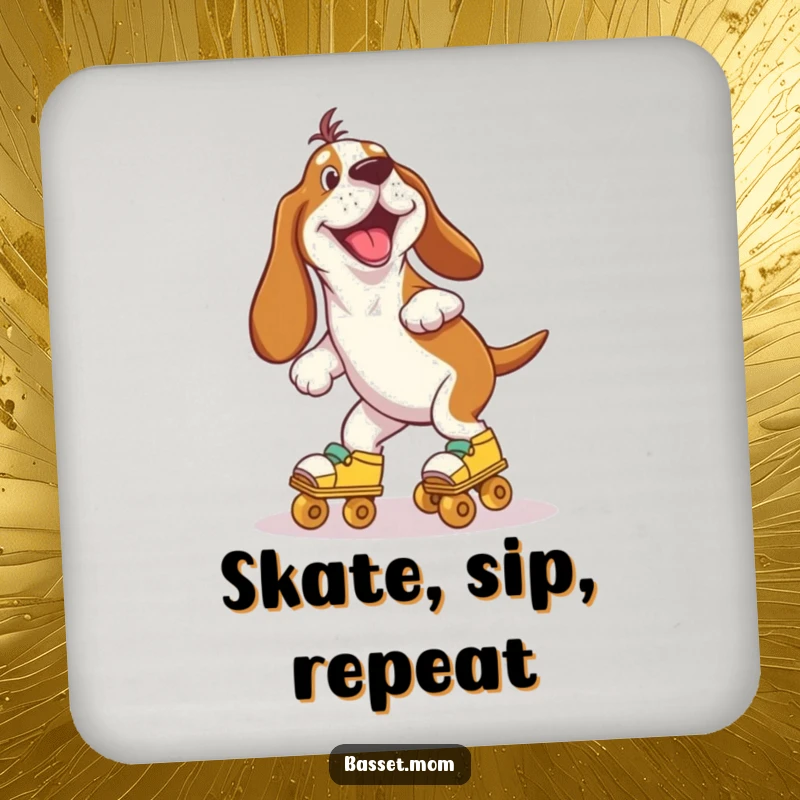 Funny Basset Hound wobbling on roller skates with joy, protecting your drinks with humorous flair on this coaster set.