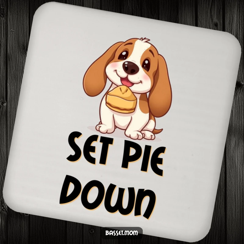 Funny Basset Hound coaster art featuring a dog's face with a pie balanced on its nose, adding a humorous touch to drinks.