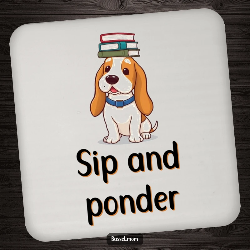 Funny Basset Hound coaster, depicting a dog balancing a stack of books on its head, a small yet humorous accessory.