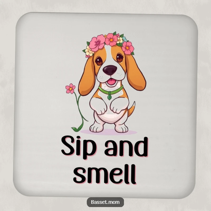 Funny Basset Hound drink coaster with a dog wearing a floral headband, adding a humorous and protective touch to any surface.