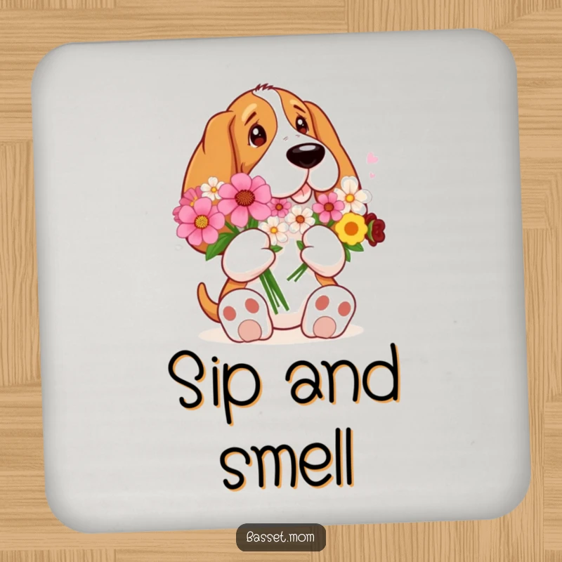 Funny Basset Hound with big paws holding a bouquet of flowers, adding floral humor and charm to protect your drinks.