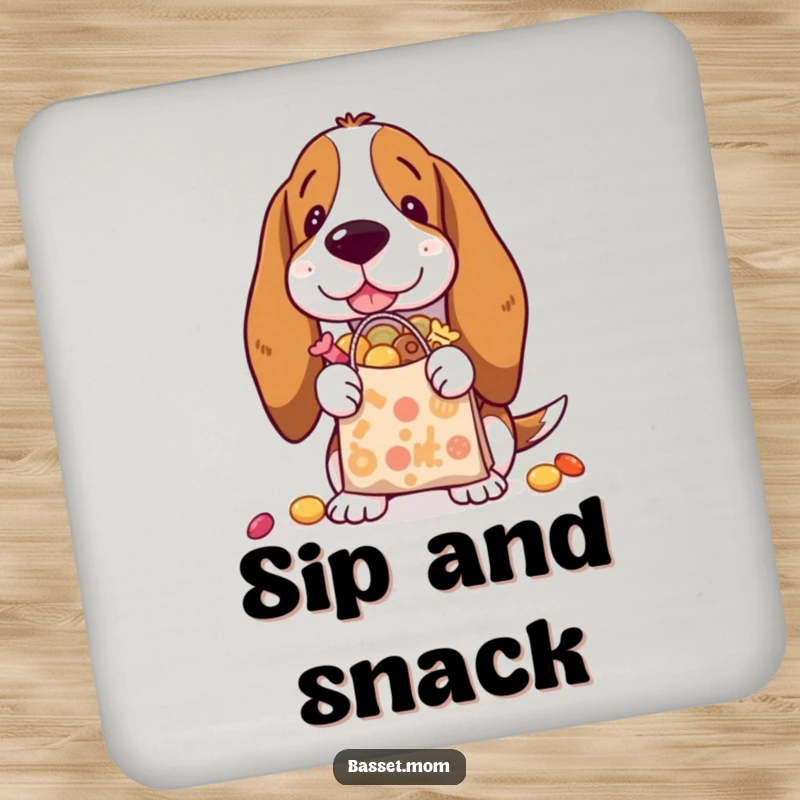 Funny Basset Hound coaster showing a dog with a shopping bag overflowing with treats, protecting surfaces.