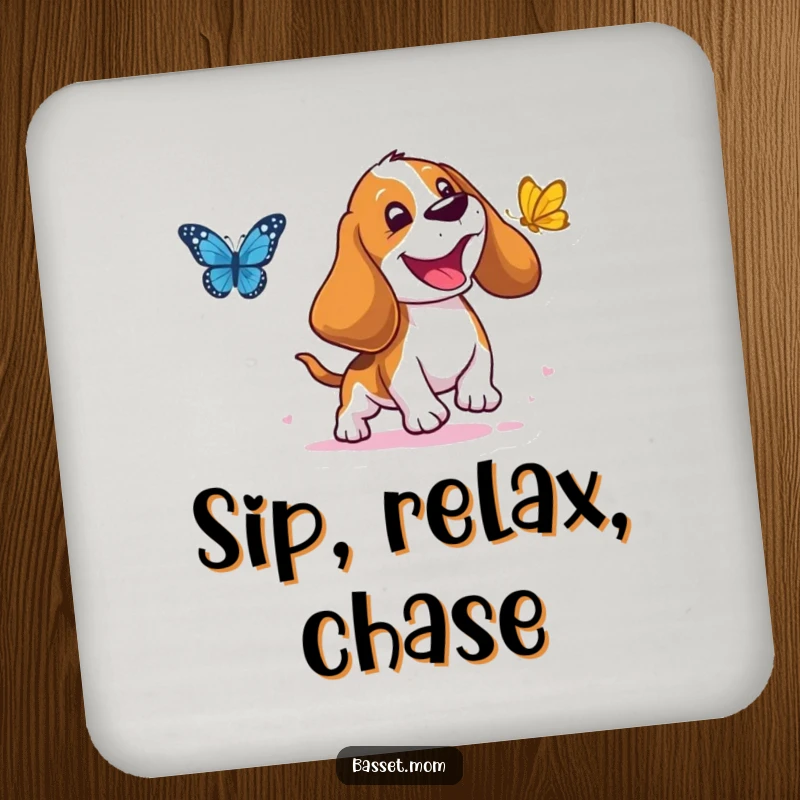Funny Basset Hound Coasters: A droopy-eared dog joyfully chasing a butterfly, protecting surfaces with humor, a lovely funny gift.