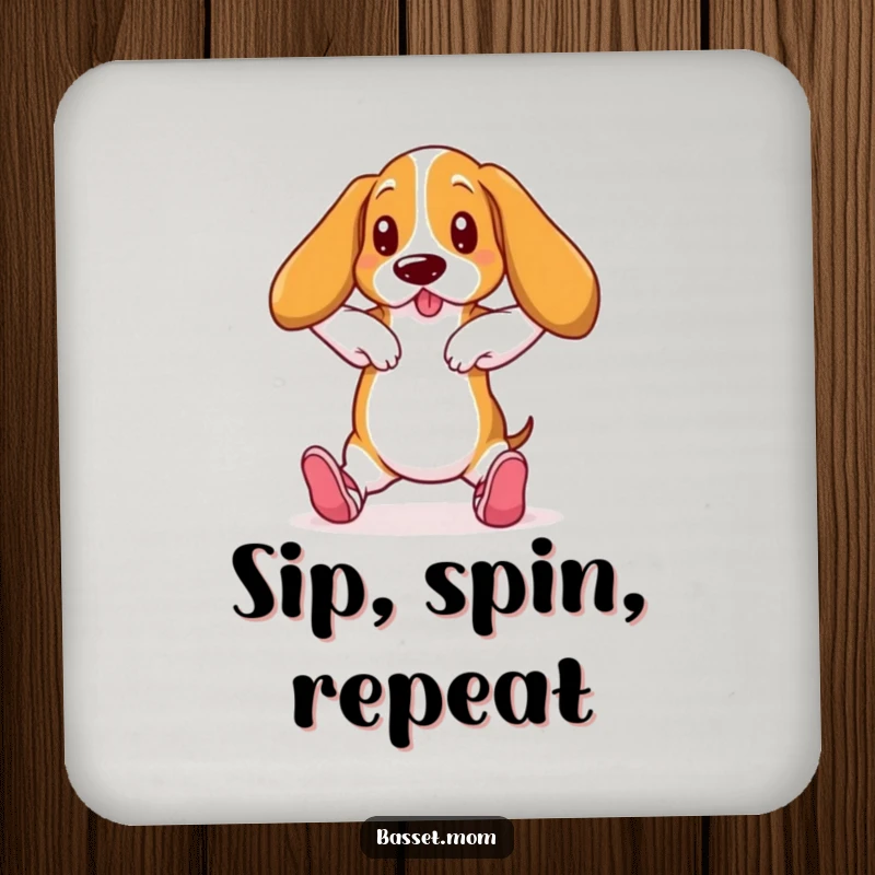 Funny Basset Hound in ballet slippers, dancing art, protective drink coaster, humorous home accessory.