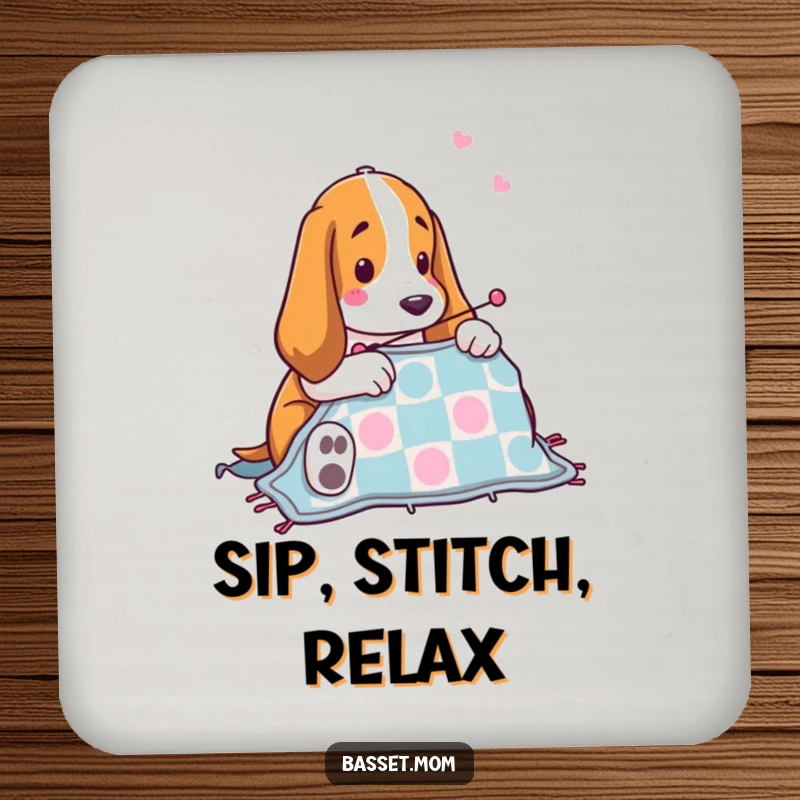 Funny Basset Hound quilting coasters featuring a dog sewing a quilt, protecting surfaces with charming and humorous artwork, a cute gift.