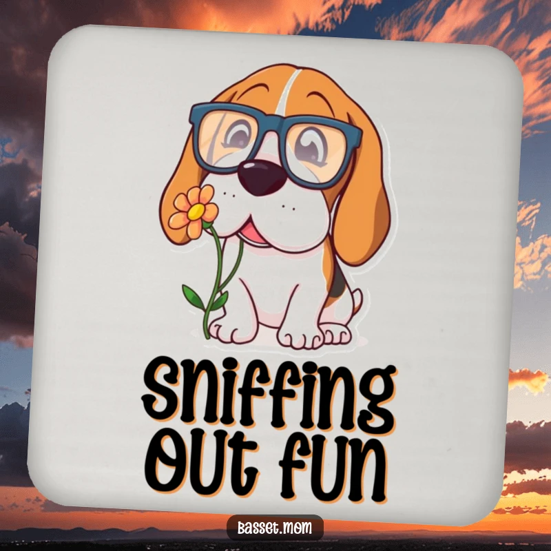 Funny Basset Hound drink coaster with a dog wearing oversized glasses, curiously sniffing a flower, for surface protection.