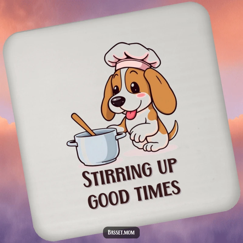 Funny Basset Hound drink coaster with a dog in a chef hat, enthusiastically stirring a pot, for kitchen protection.