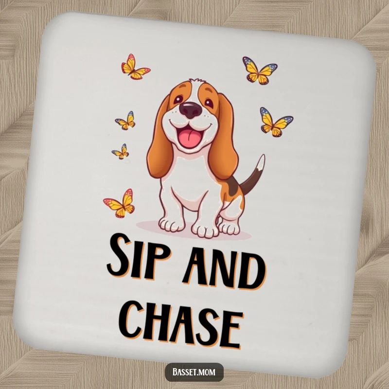 Funny Basset Hound coaster art featuring a dog happily chasing butterflies, adding a touch of lightheartedness to your beverages.
