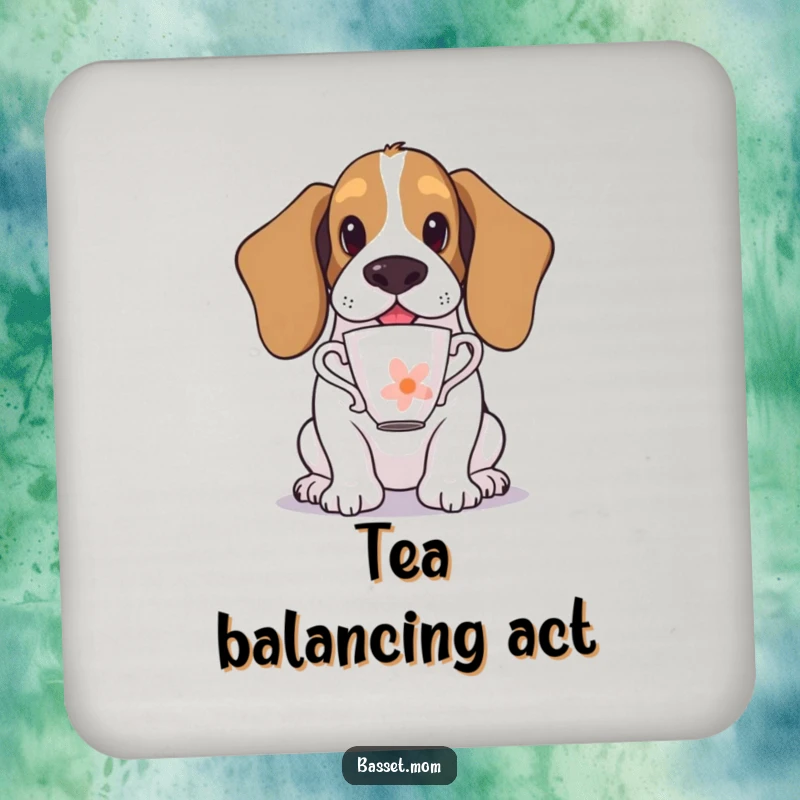 Funny Basset Hound coaster featuring a dog balancing a teacup on its nose, offering humorous elegance for surface protection.