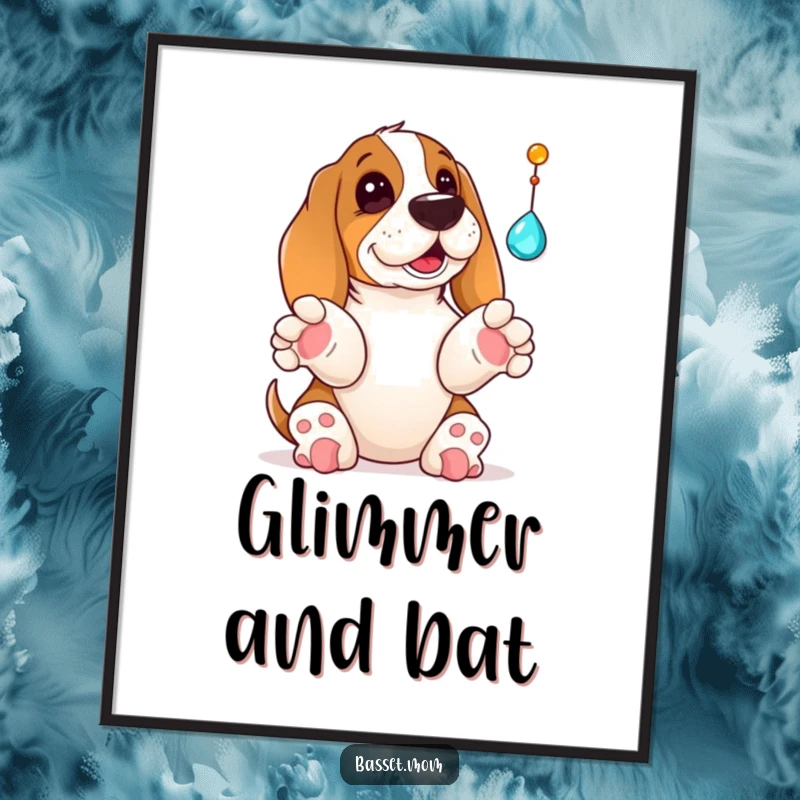 Funny Basset Hound poster art of a dog with paws up, playfully batting at a dangling jewel, radiating pure, unadulterated fun and curiosity.